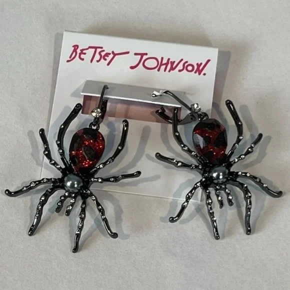 BETSEY JOHNSON Halloween Black Widow Spider Crystal-Studded Earrings NEW NWT - Picture 3 of 7